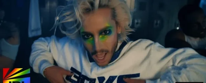 Frankie Grande leading a choreographed dance in a steamy gym scene from the “Boys” music video