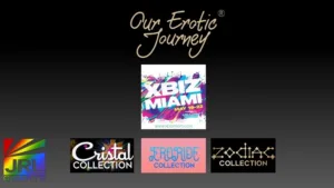 Our Erotic Journey banner featuring Zodiac, EroRide and Cristal Collections highlighted at XBIZ Retreat 2025, branded with JRL CHARTS style.