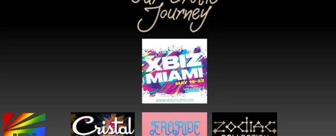 Our Erotic Journey banner featuring Zodiac, EroRide and Cristal Collections highlighted at XBIZ Retreat 2025, branded with JRL CHARTS style.