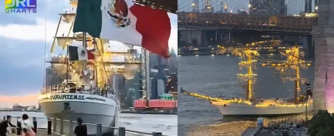 Mexican Navy training vessel decorated with festive lights crashing into Brooklyn Bridge with rescue boats nearby, witnessed by crowd along East River, May 17, 2025