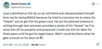 Screenshot of Devin Franco’s ICE tip admission post on X dated June 10, 2025 – JRL CHARTS Exclusive