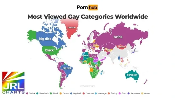 Pornhub Pride 2025 world map showing most viewed gay porn categories by country including Twink, Black, Bareback, Big Dick and more