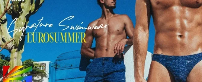 Model wearing 2EROS Signature Swim Briefs from Mykonos 2025 Campaign – JRL CHARTS Men’s Fashions