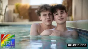 Austin Walker and Braxon Carter poolside in gay porn scene from Helix Studios