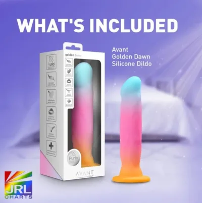 Golden Dawn dildo by Blush displayed in transparent retail packaging