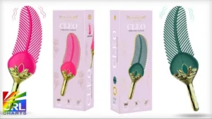 Cleo Feather Vibe by Full Circle in pink and green with gold accents, featured on JRL CHARTS Sex Toys News