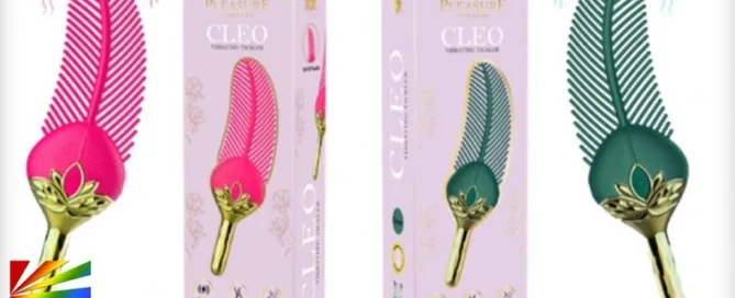 Cleo Feather Vibe by Full Circle in pink and green with gold accents, featured on JRL CHARTS Sex Toys News