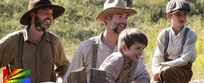 Gay couple Jason Hanna and Joe Riggs with their twin sons on Magnolia Network’s Back to the Frontier, covered by JRL CHARTS