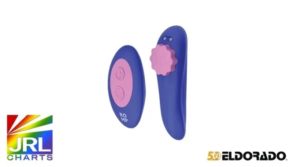 ROMP Party Panty Vibe in blue color, wearable clitoral stimulator for adult retailers from Eldorado