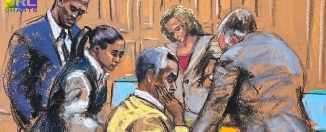 JRL CHARTS features courtroom sketch of Sean “Diddy” Combs by Jane Rosenberg during New York federal trial verdict