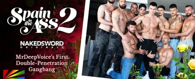 MrDeepVoice double-penetrated by 9 tops in Spain In The Ass 2 scene from NakedSword Originals