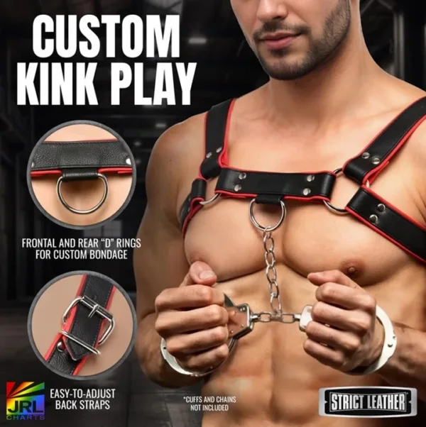 Side angle of the STRICT LEATHER Bull Dog Harness showing adjustable straps and built-in D-rings – XR Brands