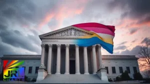 Supreme Court building with headline: Justices to decide fate of transgender girls’ participation in school sports