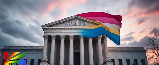 Supreme Court building with headline: Justices to decide fate of transgender girls’ participation in school sports