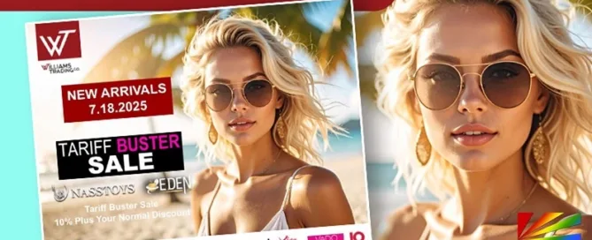 Williams Trading Co July 18 digital catalog features Tariff Buster Sale with 10% off top pleasure product brands