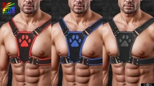 Alpha Pup Bulldog Harness by XR Brands in Black, Blue, and Red for BDSM Pup Play