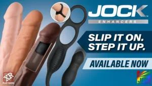 XR Brands JOCK Enhancers collection featuring vibrating c-rings, penis sleeves, and ED-safe sex toys for couples and men