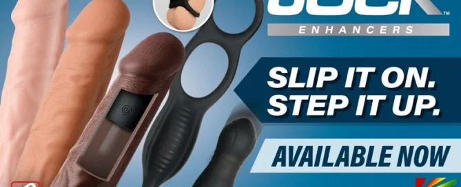 XR Brands JOCK Enhancers collection featuring vibrating c-rings, penis sleeves, and ED-safe sex toys for couples and men