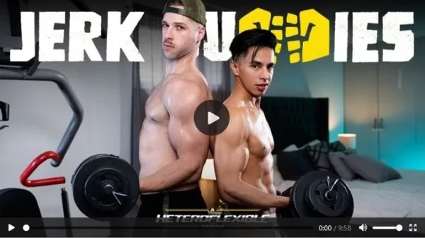 Angel Santana and Arno Antino sweaty gym jerk off scene from I’ll Get You Swole DVD – JRL CHARTS Gay Adult News