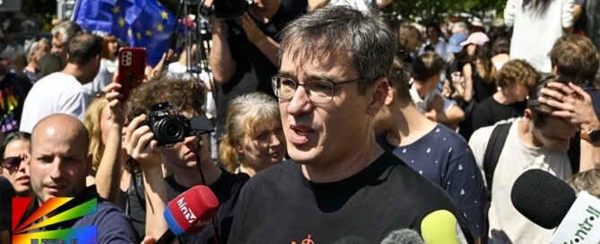 Gergely Karácsony speaks before supporters outside police HQ after organizing Budapest Pride