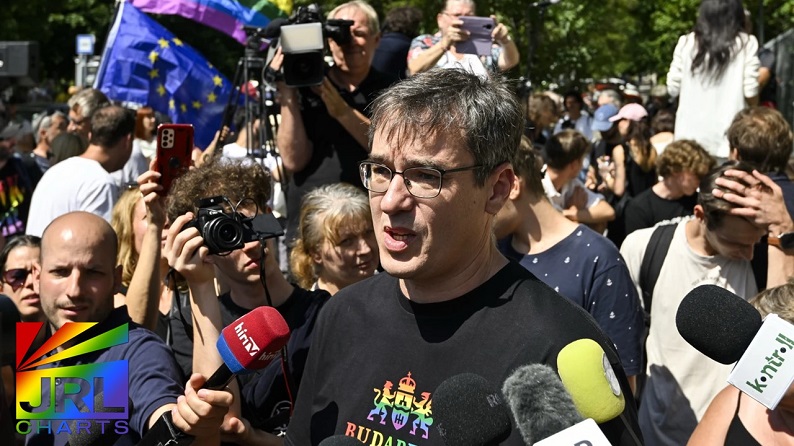 Gergely Karácsony speaks before supporters outside police HQ after organizing Budapest Pride