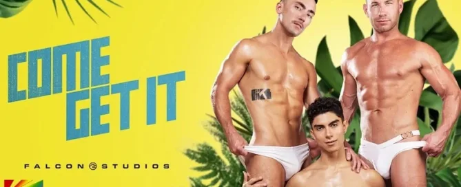 Falcon Studios Come Get It rooftop 3-way scene starring Joey Dane, Alfonso Osnaya, and Sumner Blayne | JRL CHARTS Gay Adult News