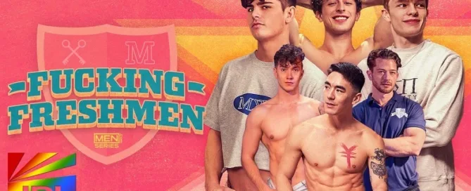 Cast of Fucking Freshmen in official gay porn DVD trailer announced on JRL CHARTS.