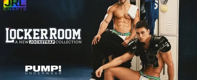 Model wears PUMP! Locker Room Jockstrap Collection — bold athletic men’s underwear style from PUMP! Underwear 2025, featured on JRL CHARTS.