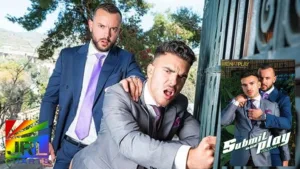 Submit & Play gay porn DVD series from MenAtPlay with suited bareback executives featured on JRL CHARTS