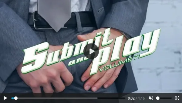 MenAtPlay Submit & Play series gay porn trailer image featuring suited executives in office fetish action