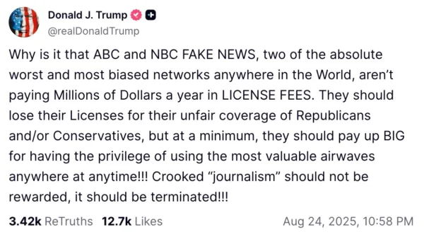 Screenshot of Donald Trump Truth Social post demanding FCC revoke ABC and NBC broadcast licenses – JRL CHARTS Politics © 2025