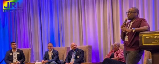 Florida State Senator Carlos Guillermo Smith speaks at the Florida LGBTQ+ Democratic Caucus summer meeting in Tampa, warning that DOGE audits could strip LGBTQ program funding. Photo © Mitch Perry/Florida Phoenix via NPR | JRL CHARTS