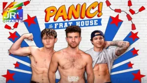 Jayden Marcos, Carter Collins, and Oliver Marks star in MEN.com’s Panic! at the Frat House gay adult release – premiering Sept. 19, 2025 | JRL CHARTS
