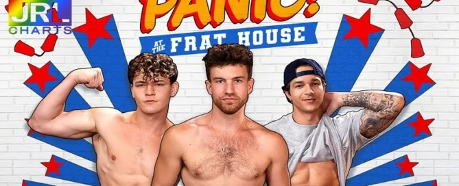 Jayden Marcos, Carter Collins, and Oliver Marks star in MEN.com’s Panic! at the Frat House gay adult release – premiering Sept. 19, 2025 | JRL CHARTS