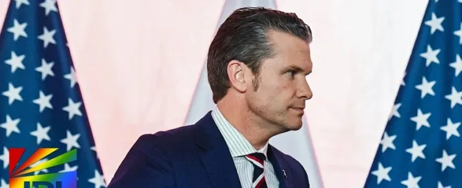 Yahoo News photo of Secretary of Defense Pete Hegseth in Warsaw, Poland on February 14, 2025 — Pentagon coverage on JRL CHARTS LGBT Politics.