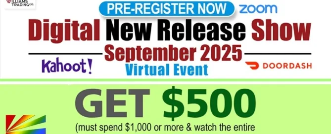 Williams Trading Co. Digital New Release Show September 2025 with $500 daily store credit offer, virtual event flyer. Featured on JRL CHARTS Pleasure Products News.