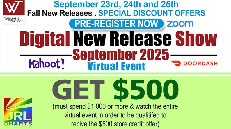 Williams Trading Co. Digital New Release Show September 2025 with $500 daily store credit offer, virtual event flyer. Featured on JRL CHARTS Pleasure Products News.
