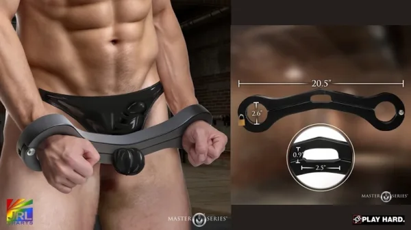 Close-up of XR Brands Master Series Punished Balls-to-Wrist Humbler product featured on JRL CHARTS BDSM Gear Review