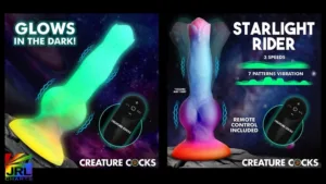 Astro Cock Vibrating Glow-in-the-Dark Silicone Dildo by XR Brands featured on JRL CHARTS Sex Toys News – premium vibrating pleasure toy for adult retailers.