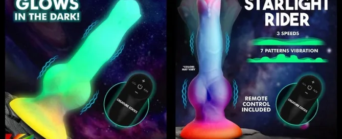 Astro Cock Vibrating Glow-in-the-Dark Silicone Dildo by XR Brands featured on JRL CHARTS Sex Toys News – premium vibrating pleasure toy for adult retailers.