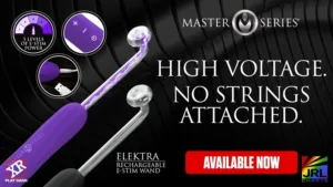 Elektra Rechargeable Violet Wand by XR Brands displayed in packaging for Sex Toys News on JRL CHARTS.