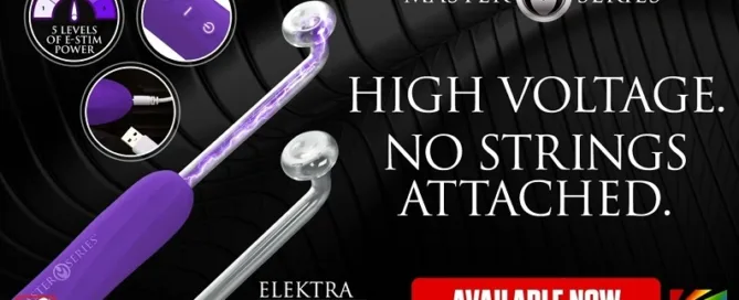 Elektra Rechargeable Violet Wand by XR Brands displayed in packaging for Sex Toys News on JRL CHARTS.