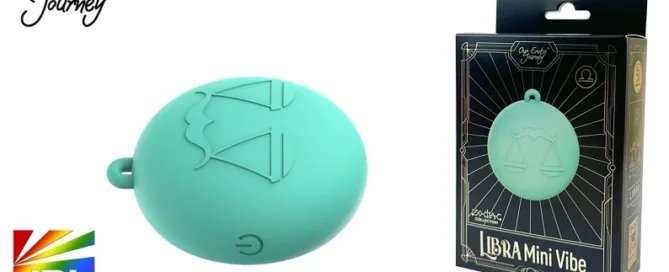 Libra Mini Vibe from Our Erotic Journey’s Zodiac Collection displayed on white background with pastel packaging — luxury compact vibrator for Libra sign users.