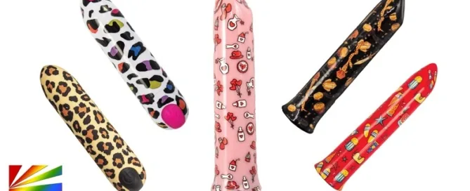 Nasstoys Mini’s Bullet Collection and Delite Masturbator display featuring colorful bullet vibrators and male masturbator