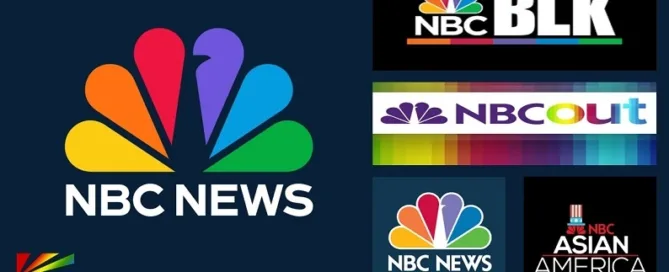 NBC News logos and MSNBC newsroom backdrop representing NBC Out layoffs and DEI rollback covered by JRL CHARTS LGBT Politics.
