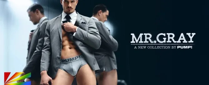 Models wearing PUMP Underwear Mr. Gray Collection show jockstrap, thong, brief, and boxer styles for men | JRL CHARTS