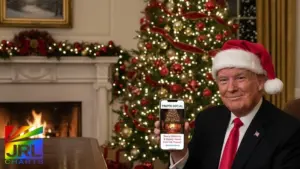 Donald Trump wearing a Santa hat holding a phone displaying a Truth Social Christmas message while standing in front of a Christmas tree – JRL CHARTS
