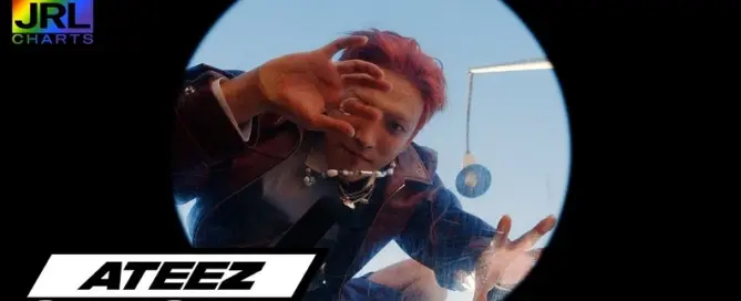 ATEEZ leader Hongjoong performing in the “NO1 (Kikoi Edit)” music video, showcasing bold visuals and powerful K-pop style, JRL CHARTS.