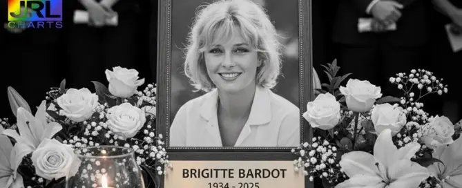 Brigitte Bardot memorial image marking her death at 91 with flowers and candle – Celebrity Deaths coverage by JRL CHARTS