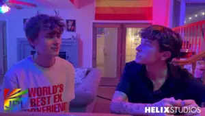 JRL CHARTS image of Cooper Bentley and Tyler Moore in Helix Studios’ Introducing Cooper Bentley (2025), a bold new bareback twink release.